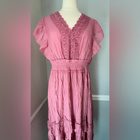 J Gee Pink Tiered Maxi Ruffled V Neck Dress Short Sleeve Boho Cottagecore 1X - Picture 2 of 8